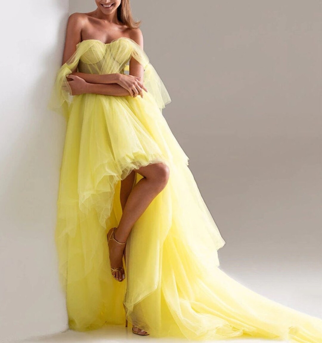 Yellow Tiered Prom Dress High Low Tulle Skirt Dress Bow - Etsy New Zealand