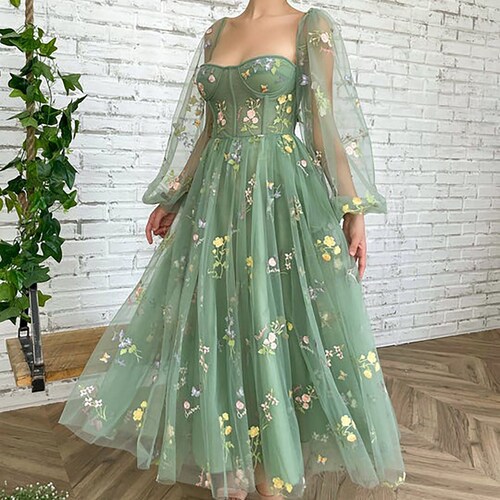 Green Embroidered Romantic Tulle Prom 