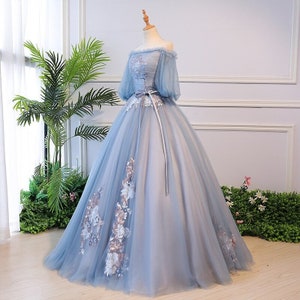 Prom Dress Light Blue Tulle Floral Appliques off Shoulder - Etsy