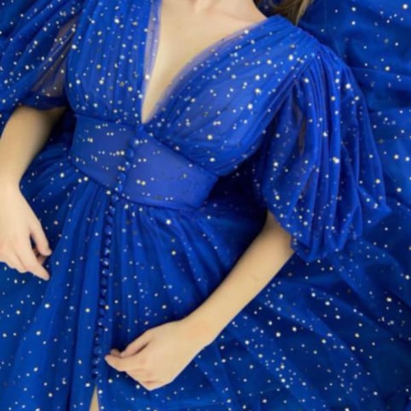 Long Tulle Dresses with Illusion Neckline Royal Blue Plus Size