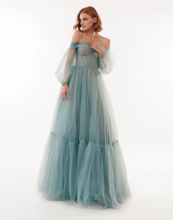 long puffy sleeve prom dress