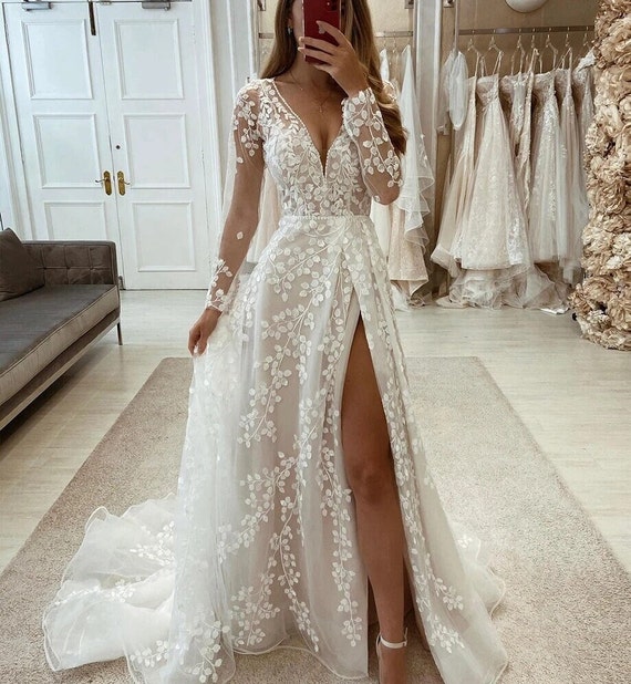 Elegant Floral Lace A-line Wedding Dress Long Sleeve High Slit - Etsy  Singapore