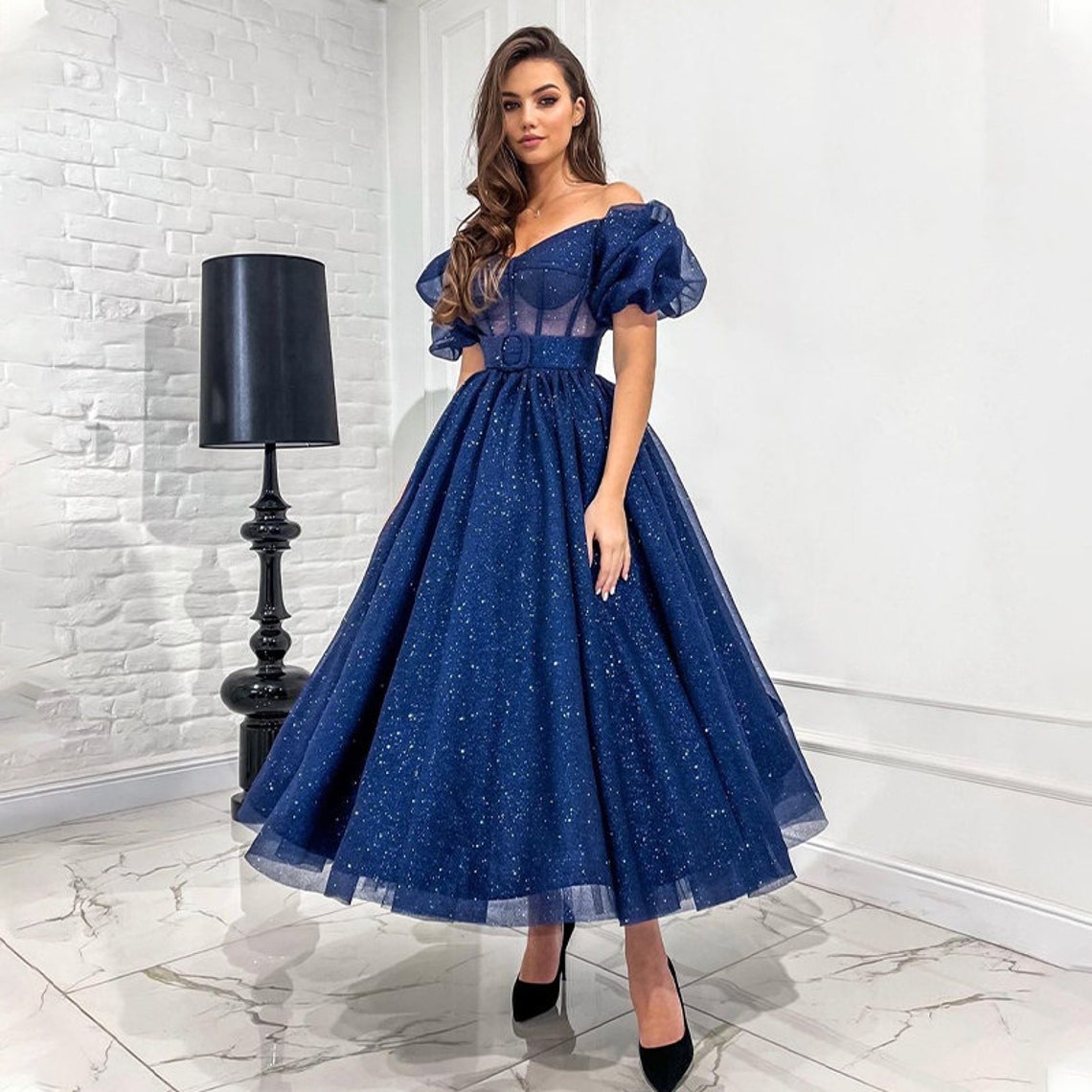 Royal Blue Gliter Tulle Prom Dress Dress Elegant Off image 1