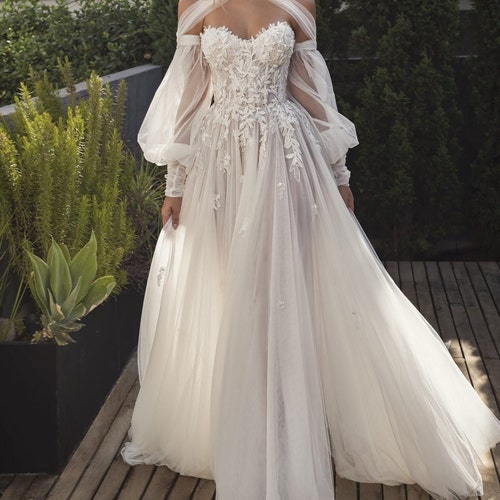 Boho Corset Wedding Dress off the Shoulder Bridal Gown With - Etsy