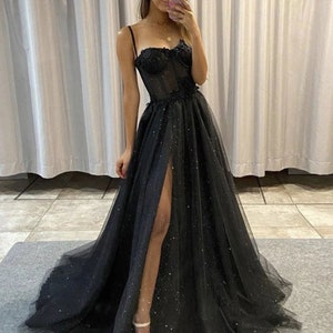 Black Glitter Tulle Prom Dress A-line Side Slit Wedding - Etsy