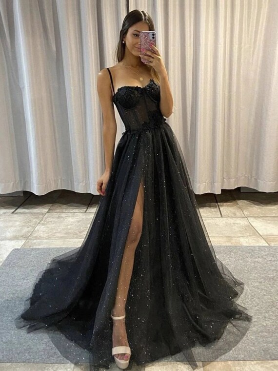 Black Glitter Tulle Prom Dress A-line 