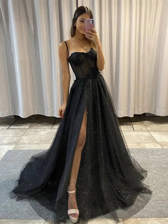 Black Glitter Tulle Prom Dress A-line ...