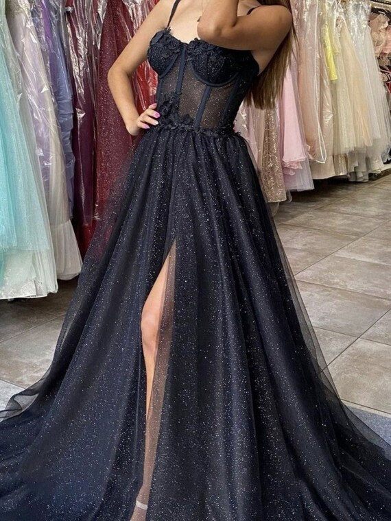 Black Glitter Tulle Prom Dress A-line 