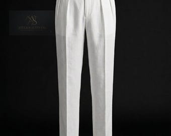 Men's White Linen Pleated Trousers | Italian Style Tailored Summer Pants