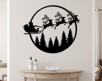 Santa Sleigh and Reindeer Christmas Wall Decor | Festive Woodland Scene Holiday Art | Circular Santa and Forest Christmas Ornament Design