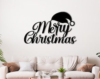 Merry Christmas Wall Decor | Festive Santa Hat 3D Design | Wooden Holiday Decoration | Elegant Typography for Christmas Celebrations