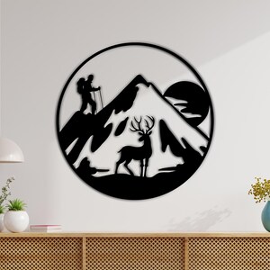 Hiker and Deer Mountain Wall Art | 3D Wood Decor | Rustic Nature Wall Art | Mountain Landscape | Adventure Decor | Cabin Wall Art
