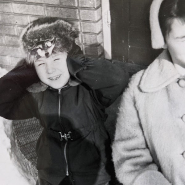 Old Square Photo - Boy and Girl in the Winter - 1950s - Original Found Photograph - Snapshot - Vernacular Photography - Black & White