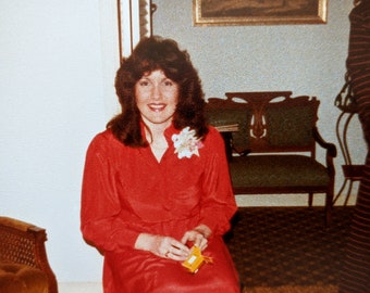 Old Photo - Lady in Red - 1982 - Original Found Photograph - Vernacular Photography - Color Photo - Orange Carpet, Loading Kodak Film
