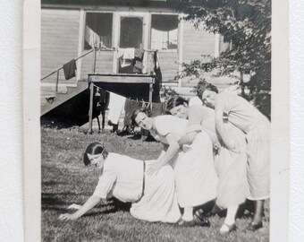 B&W Photo - Tragic Real Life Human Centipede - Original Found Photograph - Vernacular Photography - Sepia - Silly Friends