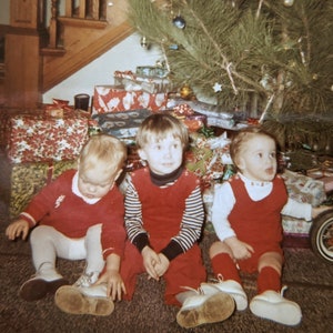 Color Square Photo - Babies by the Christmas Tree - Xmas 1970 - Original Found Photograph - Vernacular Photography - Color Photo, Family