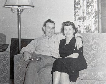 Old Snapshot - Happy Couple on the Couch - late 1950s - Original Found Photograph - Vernacular Photography - Black & White