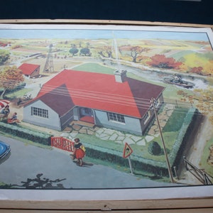 Ancienne AFFICHE SCOLAIRE MDI 3 4 plan du village le beau temps