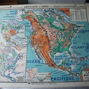 Ancienne CARTE SCOLAIRE Hatier 19 Jean Brunhes Deffontaines AMERIQUE Du Nord