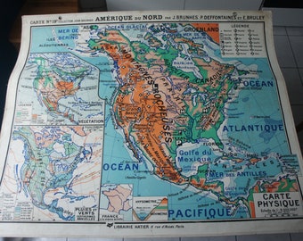 May include: Vintage map of North America, titled "AMÉRIQUE DU NORD," with detailed geographical features. The map, featuring text in French, includes labels for oceans, mountain ranges, and vegetation zones. The map is a physical map, with a scale of 1:8,000,000.