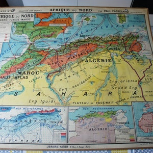 Ancienne CARTE SCOLAIRE HATIER Jean Brunhes 18 Afrique Du Nord Géographie