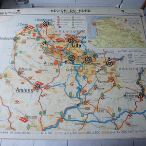Ancienne CARTE SCOLAIRE Murale HACHETTE 11 12 Région du Nord de l'Est