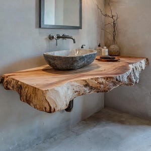 Handcrafted live edge bathroom vanity shelf rustic floating vanity desk shelf wall mounted brackets bathroom decor housewarming gift