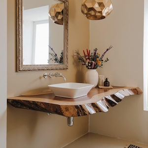 Handcrafted live edge bathroom vanity Corner shelf Floating vanity rustic desk shelf wall mounted brackets bathroom decor housewarming gift