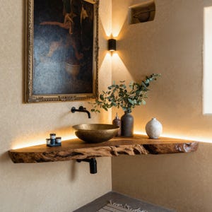 Handcrafted live edge bathroom vanity shelf rustic floating vanity desk shelf wall mounted brackets bathroom decor housewarming gift