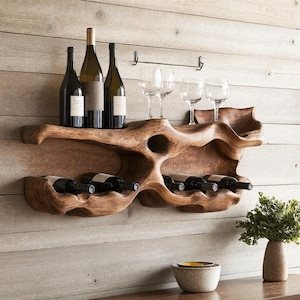 Handcrafted wine stand rustic wine bottle holder farmhouse solid wood wine rack countertop  for modern kitchen or home bar decor