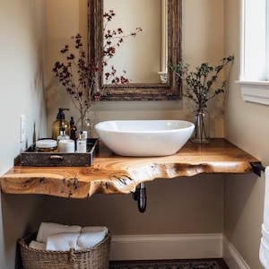 Handcrafted live edge corner bathroom vanity shelf rustic floating vanity desk shelf wall mounted brackets bathroom decor housewarming gift