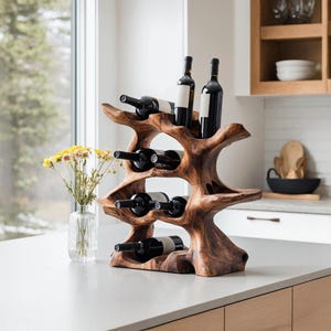 handcrafted wine stand rustic wine bottle holder farmhouse solid wood wine rack countertop  for modern kitchen or home bar decor