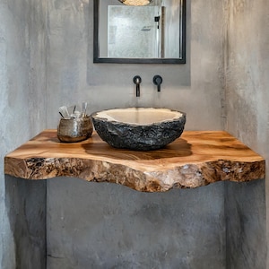 Handcrafted live edge bathroom vanity shelf rustic floating vanity desk shelf wall mounted brackets bathroom decor housewarming gift