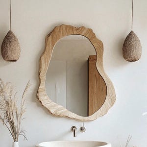 Handmade asymmetrical mirror rustic irregular mirror farmhouse mid century modern mirror handcrafted bathroom mirror wood mirror for wall