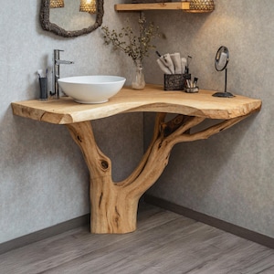 Custom Handmade Rustic Wooden Bathroom Vanity bathroom sink cabinet modern corner vanity live edge sink shelf farmhouse bathroom decor