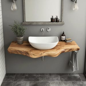 Handcrafted live edge bathroom vanity shelf rustic floating vanity desk shelf wall mounted brackets bathroom decor housewarming gift