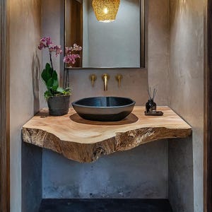 Handcrafted live edge bathroom vanity shelf rustic floating vanity desk shelf wall mounted brackets bathroom decor housewarming gift