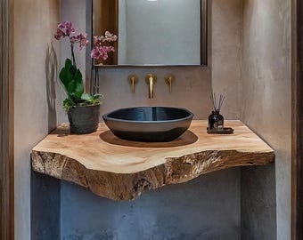 Handcrafted live edge bathroom vanity shelf rustic floating vanity desk shelf wall mounted brackets bathroom decor housewarming gift