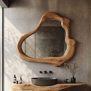 Handmade asymmetrical mirror Rustic irregular mirror farmhouse mid century modern mirror handcrafted bathroom mirror wood mirror for wall