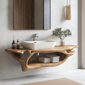 Solid wood live edge bathroom vanity shelf rustic floating vanity desk shelf wall mounted brackets bathroom decor housewarming gift