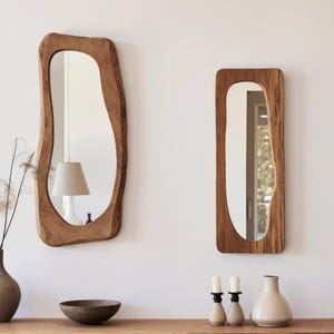 Handmade asymmetrical mirror Rustic irregular mirror farmhouse mid century modern mirror handcrafted bathroom mirror wood mirror for wall