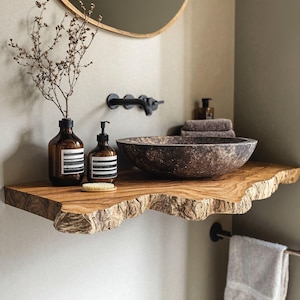 Handcrafted live edge bathroom vanity shelf rustic floating vanity desk shelf wall mounted brackets bathroom decor housewarming gift