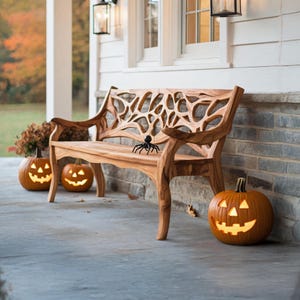Handcrafted Wooden Halloween  Bench Mid Century Outdoor Bench Farmhouse Deck Seating Bench Rustic Porch Bench Seat For Halloween Decor