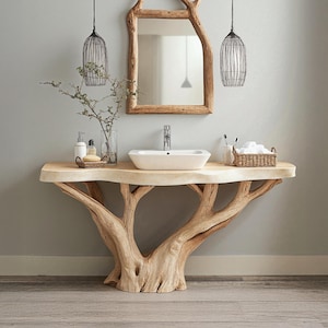 Reclaimed bathroom vanity solid wood bathroom sink vanity farmhouse live edge branches vanity rustic handmade wood housewarming gift