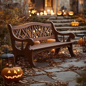 Farmhouse Deck Seating Halloween Bench Rustic Porch Bench Seat Handcrafted Wooden Bench Mid Century Outdoor Bench For Halloween Decor