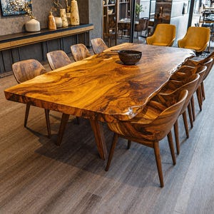 Mesa de comedor de madera maciza con borde vivo Mesa de comedor de madera moderna Mesa de cocina estilo granja Decoración de cocina para sala de estar Mesa de cocina de madera hecha a mano