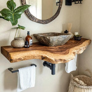 Handcrafted live edge bathroom vanity shelf rustic floating vanity desk shelf wall mounted brackets bathroom decor housewarming gift