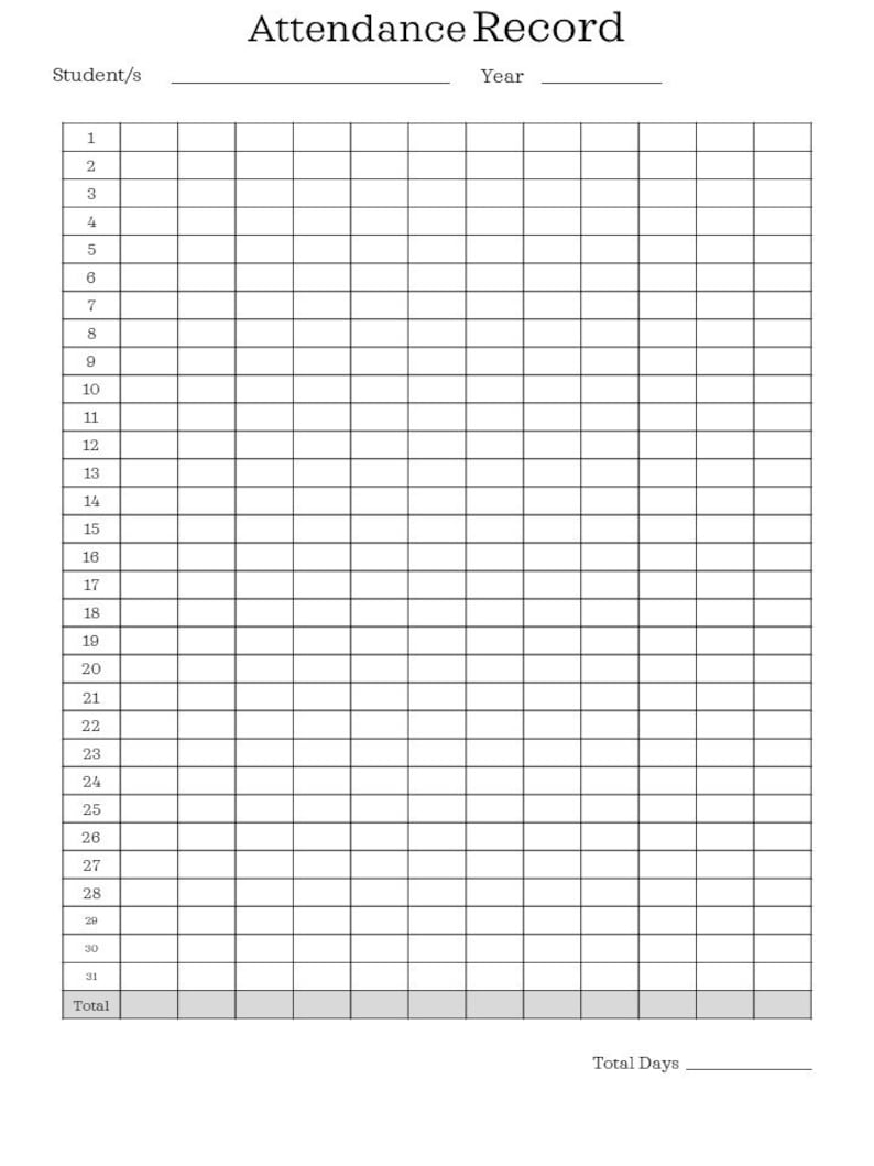 Homeschool Attendance Record Printable Attendance Record - Etsy