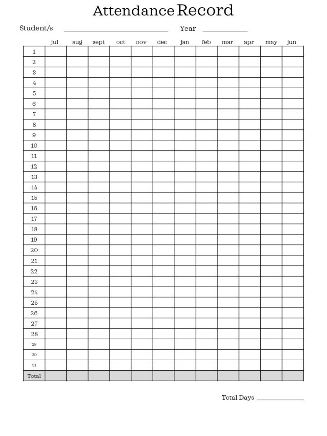 Homeschool Attendance Record Printable and Monthly Calendars | Etsy