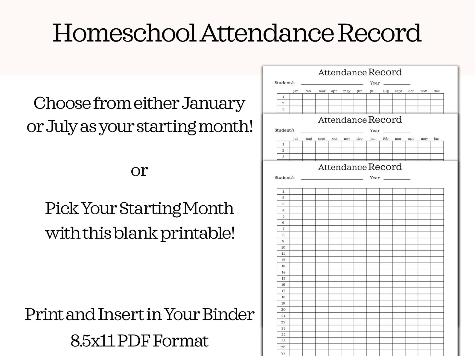 Homeschool Attendance Record Printable Attendance Record | Etsy